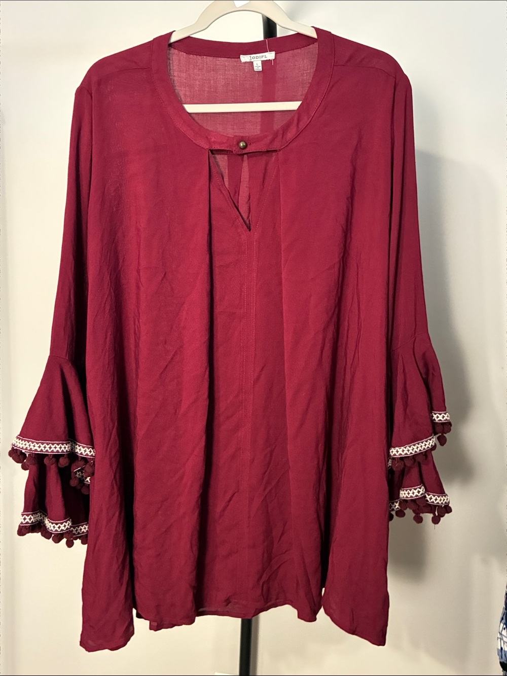 JODIFL Wine Red Embroidered Pom-Trim Bell Sleeve Mini Dress Large